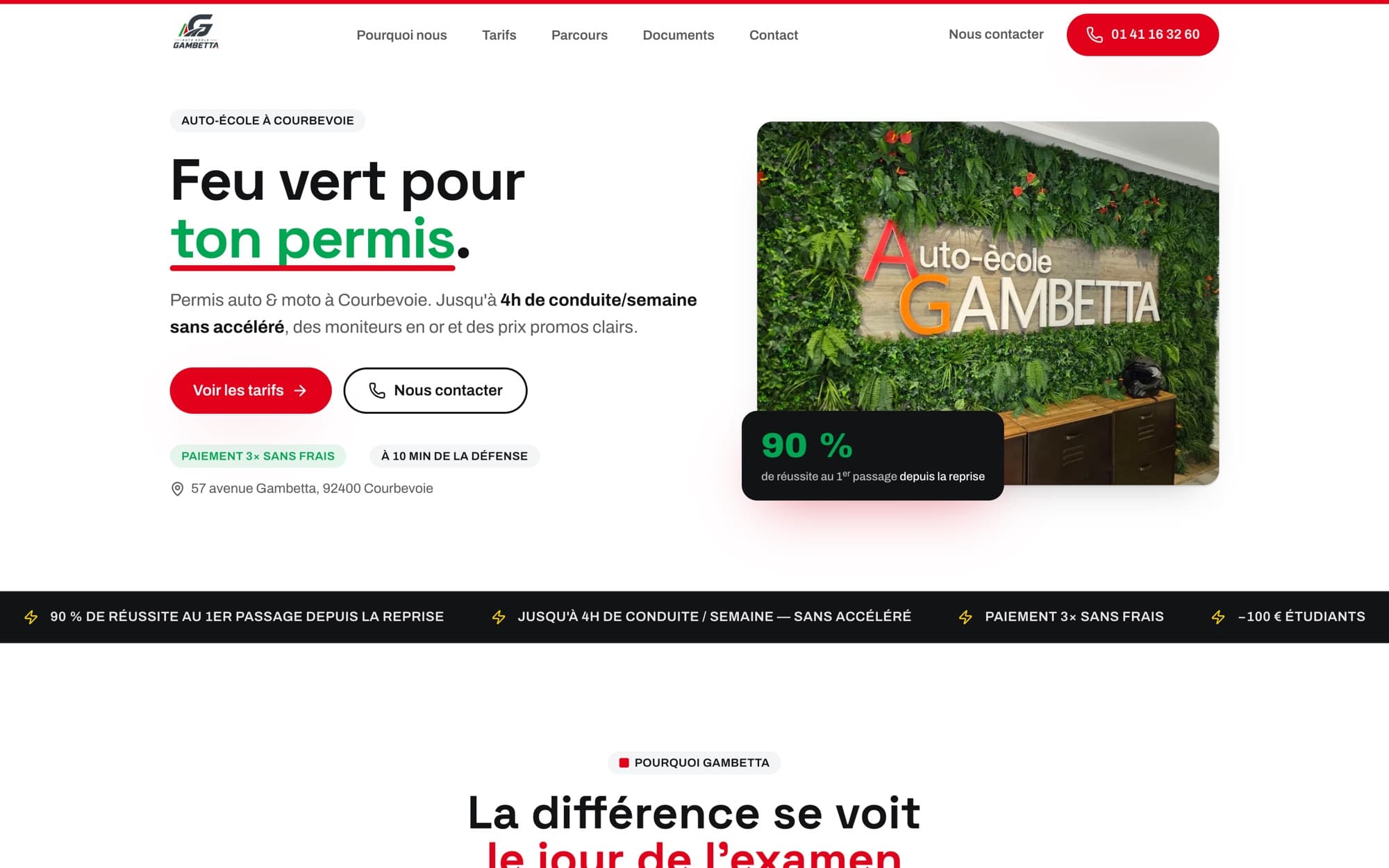 Page d'accueil du site de l'auto-école Gambetta sur ordinateur : « Feu vert pour ton permis », tarifs et photo de l'enseigne