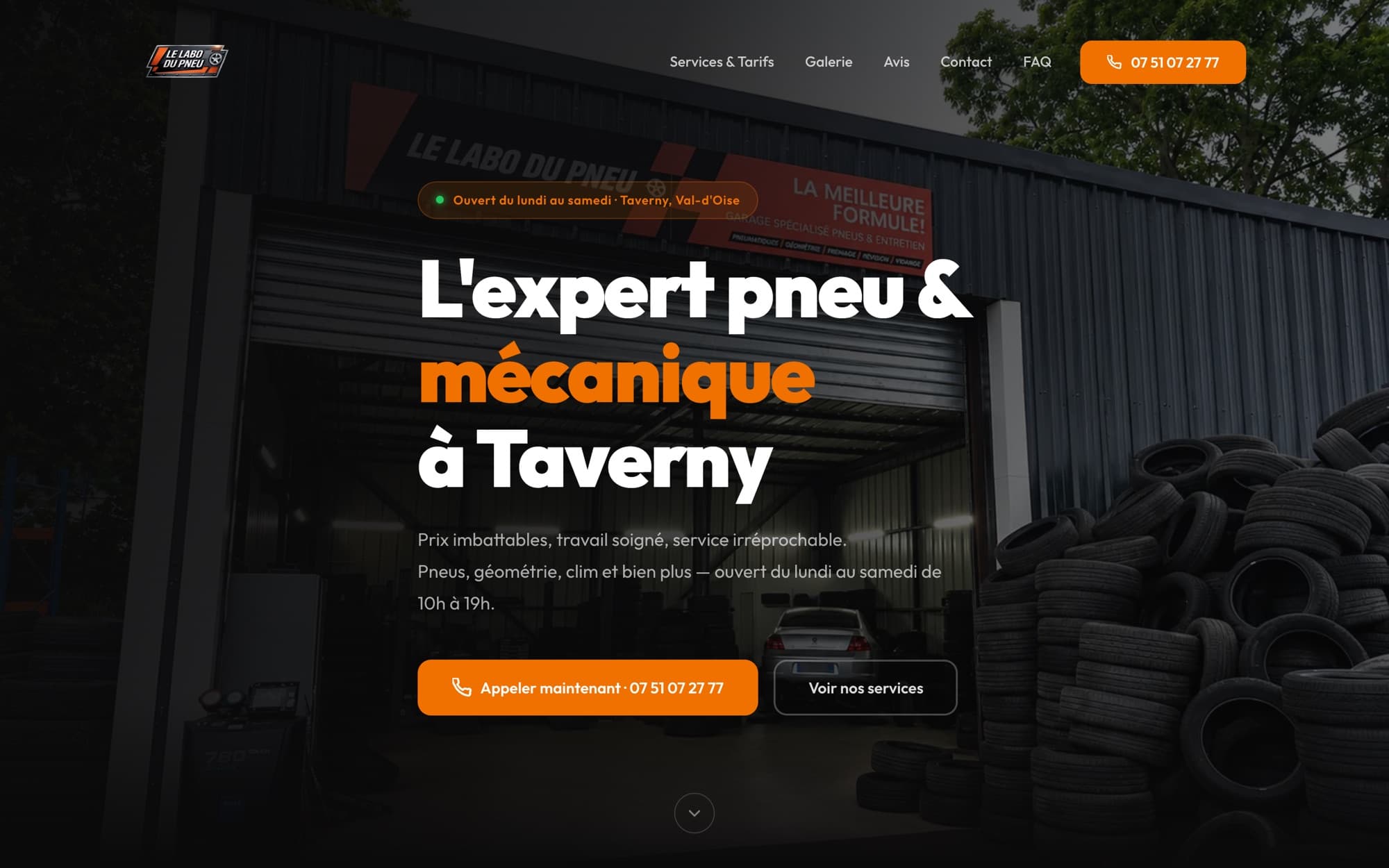 Page d'accueil du site du Labo du Pneu sur ordinateur : « L'expert pneu & mécanique à Taverny », bouton d'appel et accès aux services