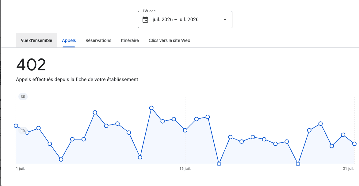 Fiche Google du Labo du Pneu, juillet 2026 : 402 appels effectués depuis la fiche
