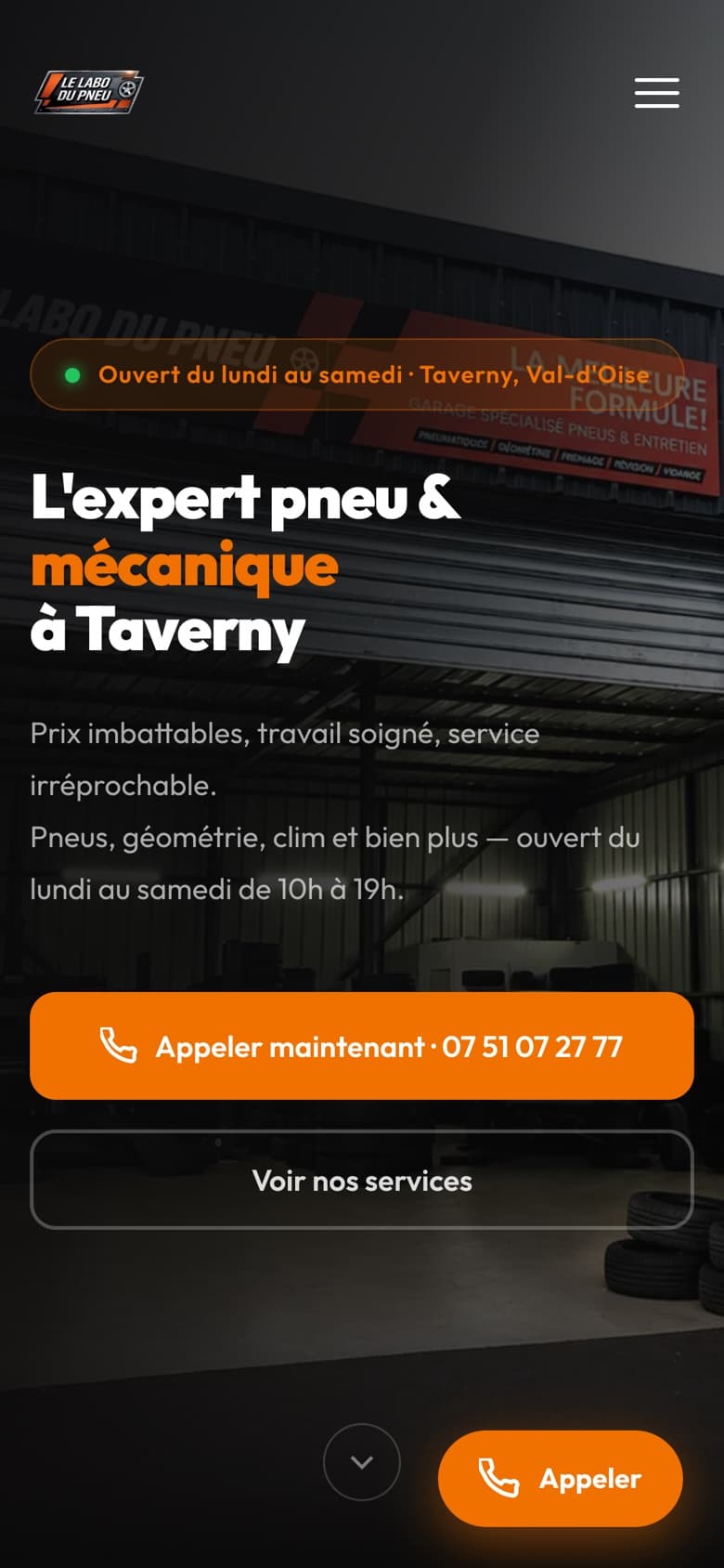 Page d'accueil du site du Labo du Pneu sur mobile : « L'expert pneu & mécanique à Taverny » et bouton « Appeler maintenant »